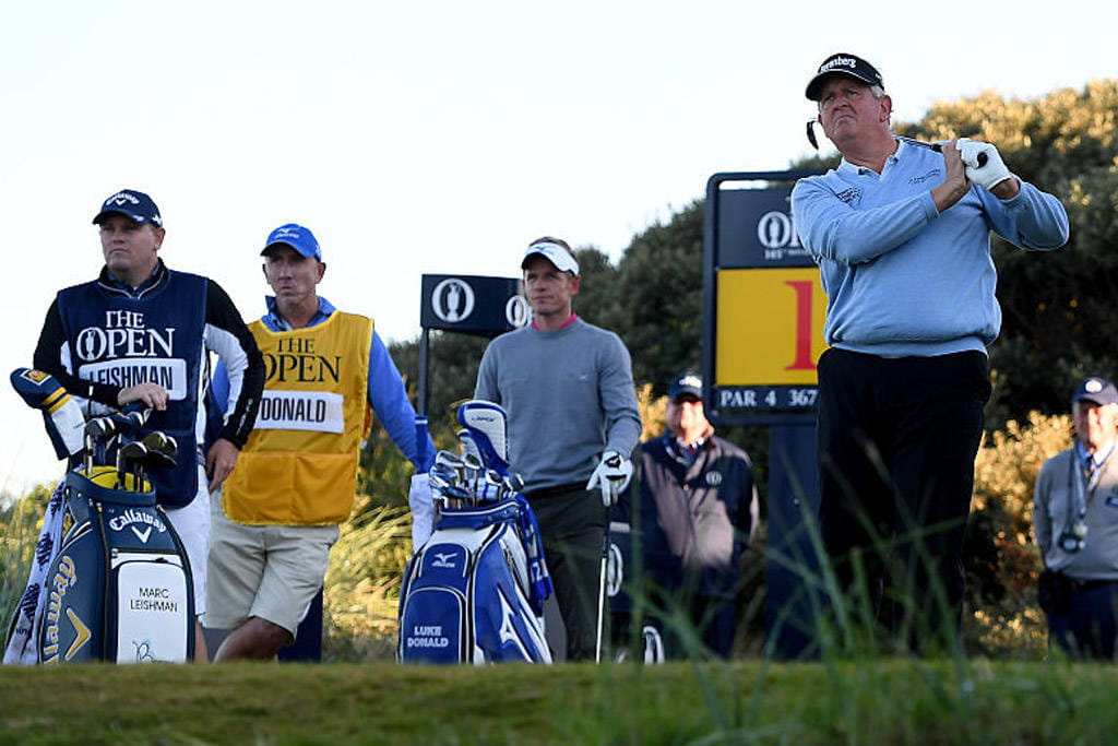 Colin Montgomerie hits the opening tee shot at The 145th Open at Royal Troon in 2016